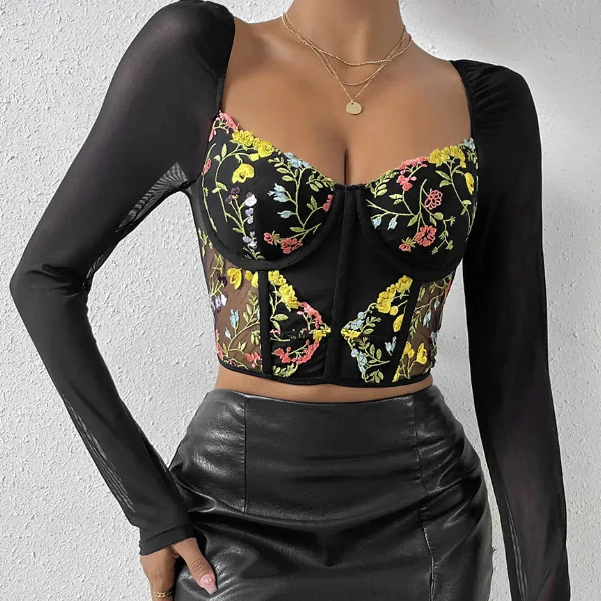 Advbridge -Embroidery Flower Corset Crop Tops Long Sleeves Camisole Black Lace Summer Streetwear Women Slim Sheer Tank Top Lingerie Bustier