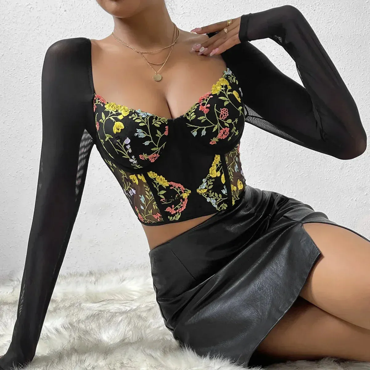 Advbridge -Embroidery Flower Corset Crop Tops Long Sleeves Camisole Black Lace Summer Streetwear Women Slim Sheer Tank Top Lingerie Bustier