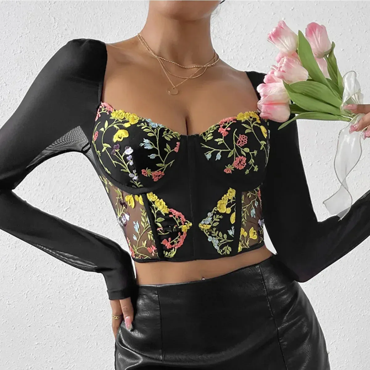 Advbridge -Embroidery Flower Corset Crop Tops Long Sleeves Camisole Black Lace Summer Streetwear Women Slim Sheer Tank Top Lingerie Bustier