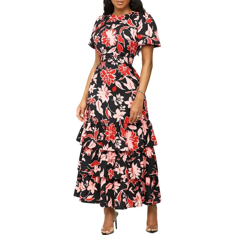 Advbridge Floral Printed Dresses for Women Black Short Sleeves Tierred Ruffles Ankle-Length New Summer Female Party Evening Robes Vestidos