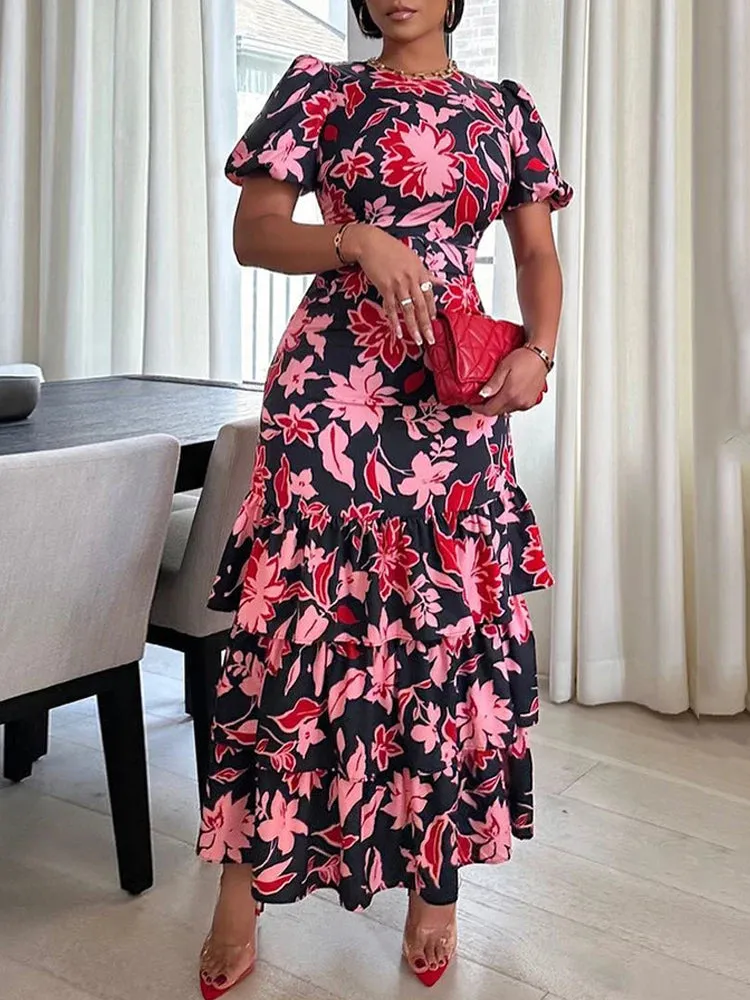 Advbridge Floral Printed Dresses for Women Black Short Sleeves Tierred Ruffles Ankle-Length New Summer Female Party Evening Robes Vestidos