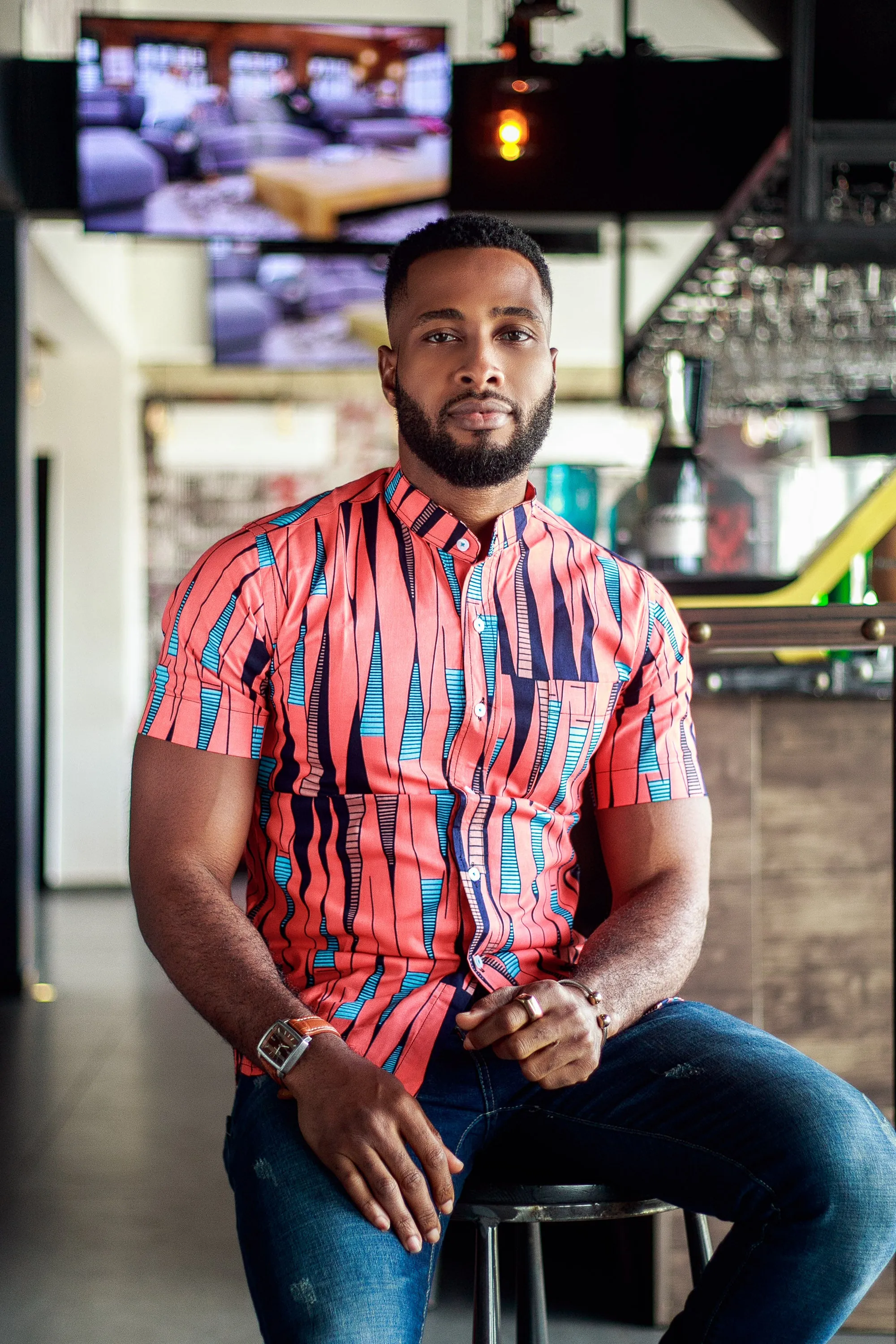 AFRICAN PRINT KWAME SHIRT SLEEVE BUTTON UP MANDARIN COLLAR  SHIRT