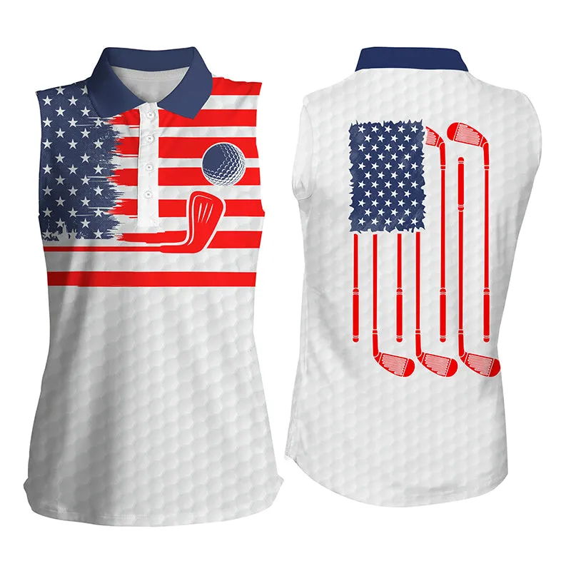 American Flag Patriotic Women Sleeveless Polo Shirt White Golf Polo Shirt, Unique Golf Gifts