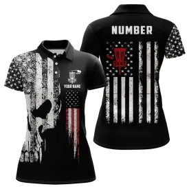 American Flag Skull Disc Golf Polos Custom Patriotic Disc Golf Shirts For Women Golf Gifts