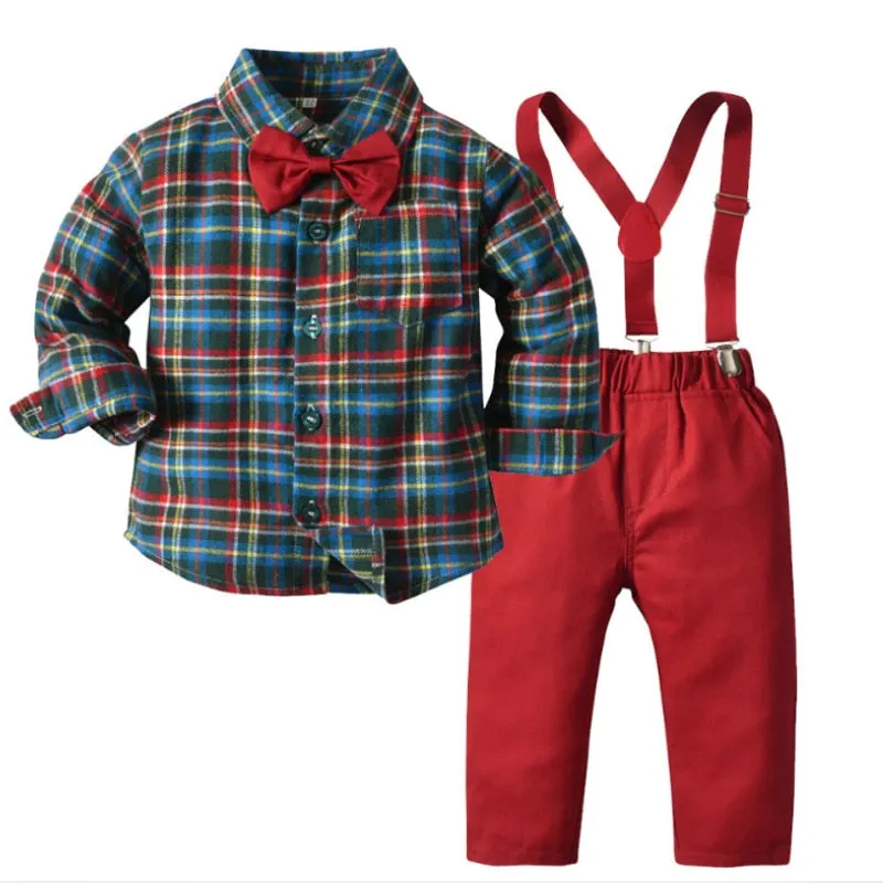 Baby Boys Clothes Set Mesh Formal Shirt   Suspender Pants Infant Toddler Kids Christmas Clothes