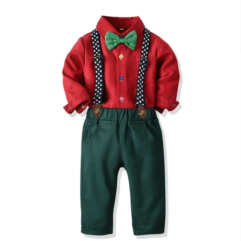 Baby Boys Clothes Set Mesh Formal Shirt   Suspender Pants Infant Toddler Kids Christmas Clothes