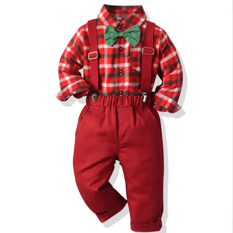 Baby Boys Clothes Set Mesh Formal Shirt   Suspender Pants Infant Toddler Kids Christmas Clothes