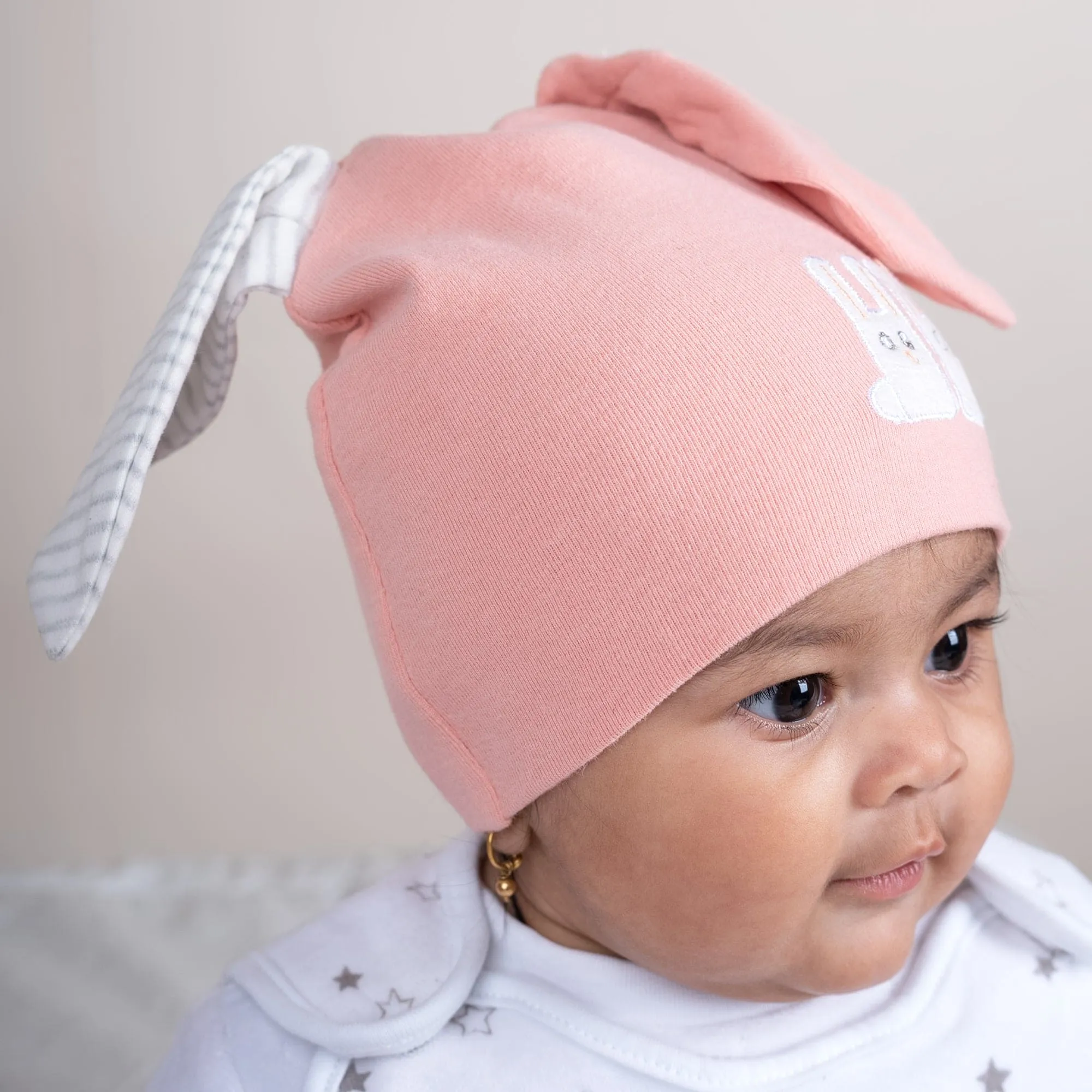 Baby Moo Big Bunny Ears All Season Stretchable Hosiery Warm 3D Beanie Cap - Peach