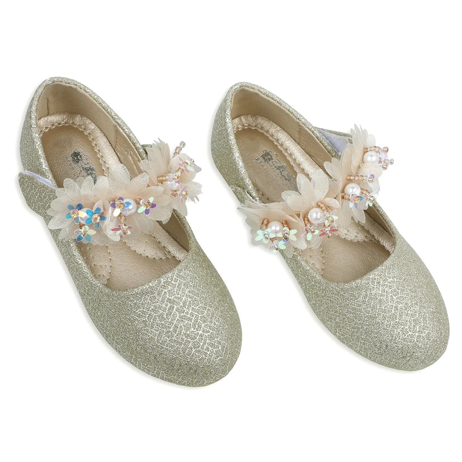 Baby Moo x Bash Kids Shiny Floral Applique Mary Jane Ballerinas - Gold