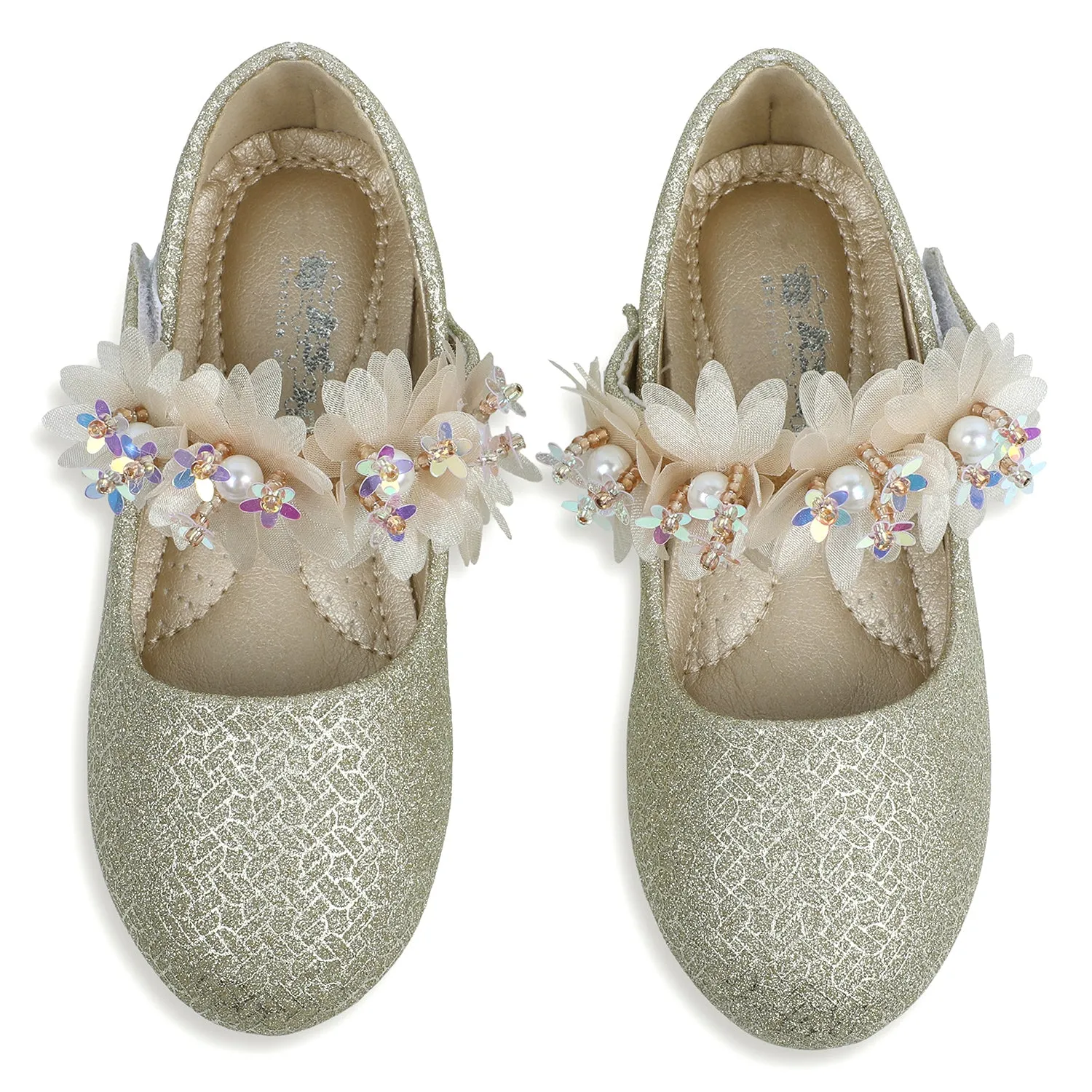 Baby Moo x Bash Kids Shiny Floral Applique Mary Jane Ballerinas - Gold