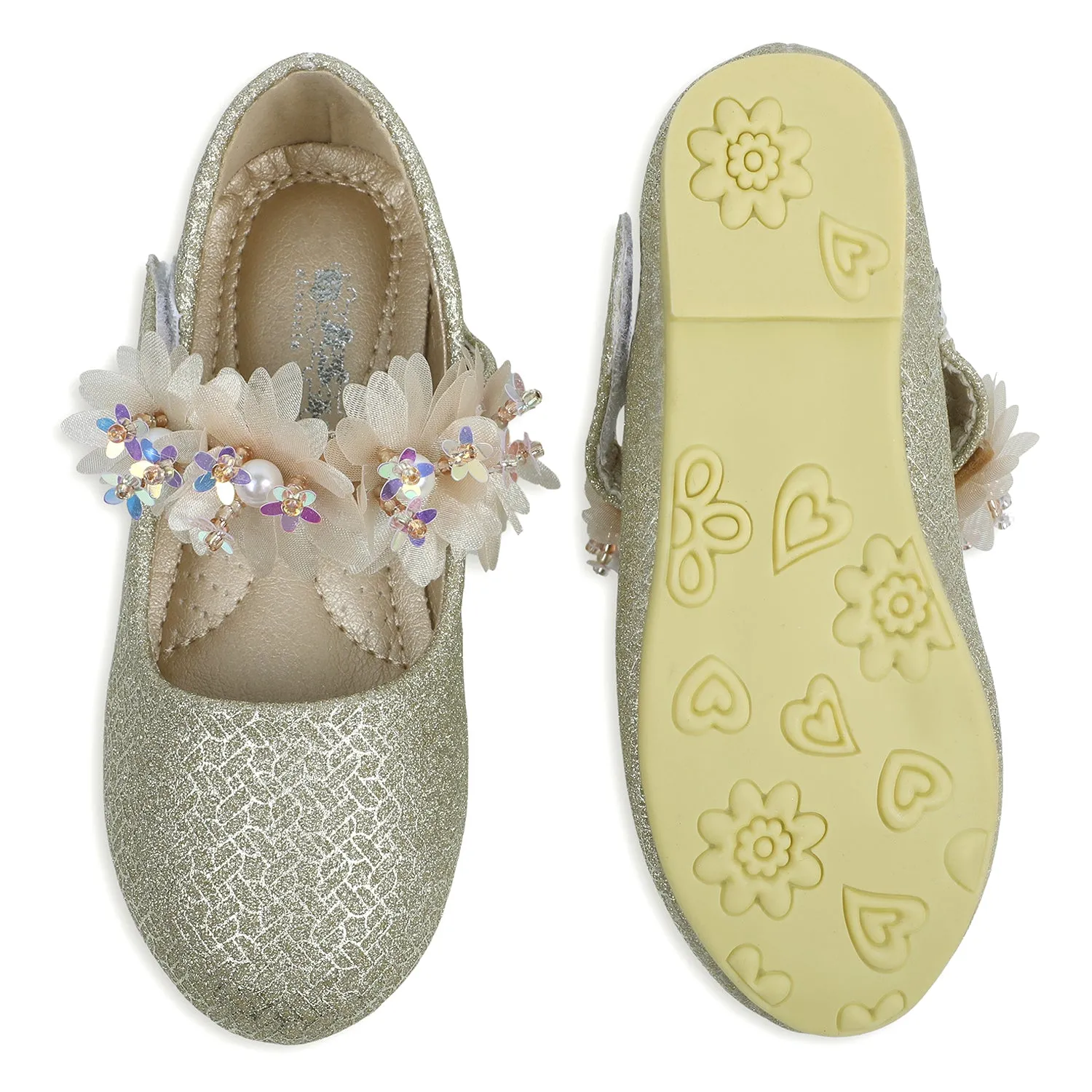 Baby Moo x Bash Kids Shiny Floral Applique Mary Jane Ballerinas - Gold