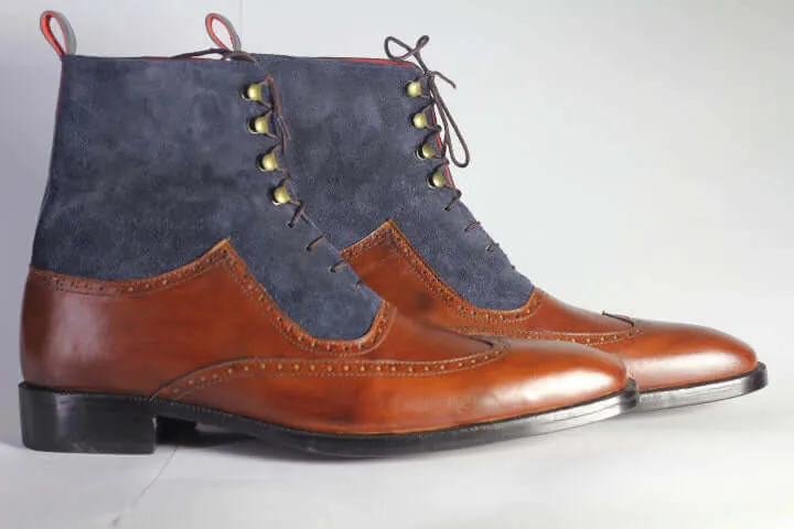 Bespoke Navy Blue Burgundy Leather Suede Wing Tip Lace Up Boots