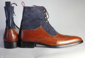 Bespoke Navy Blue Burgundy Leather Suede Wing Tip Lace Up Boots