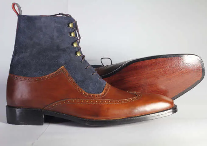 Bespoke Navy Blue Burgundy Leather Suede Wing Tip Lace Up Boots