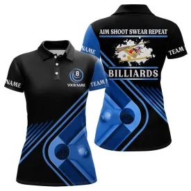 Billiards Aim Shoot Swear Repeat Custom Billiard Polo Shirts For Women, Multi Color Women Billiard Polo Shirt