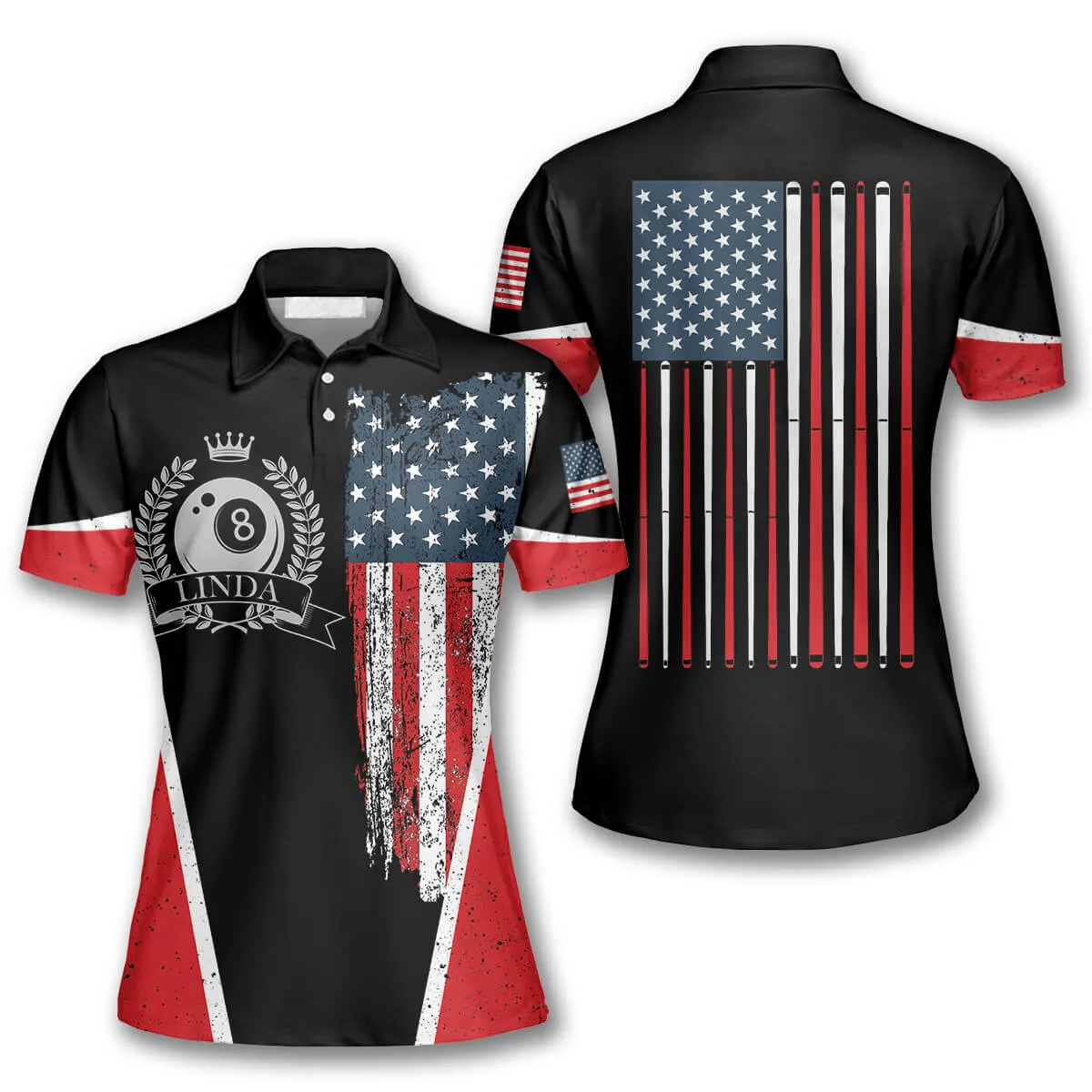 Billiards American Flag Emblem Custom Billiard Shirts for Women, Women's Billiard Polo Shirts