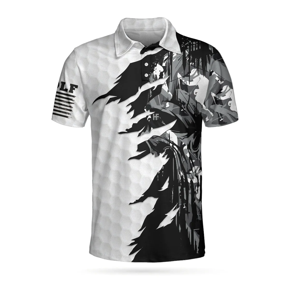 Black & White Ripped Vintage Golfing Clubs Skull Camouflage Polo Shirt, American Flag Polo Shirt, Camo Golf Shirt For Men Coolspod