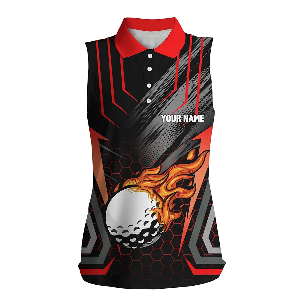 Black And Red Golf Ball Fire Women Golf Polo Shirt Custom Name Golfing Gifts, Ladies Golf Tops