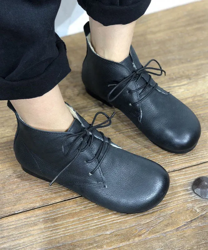 Black Flat Shoes For Women Lace Up Fuzzy Wool Lined Flat Shoes