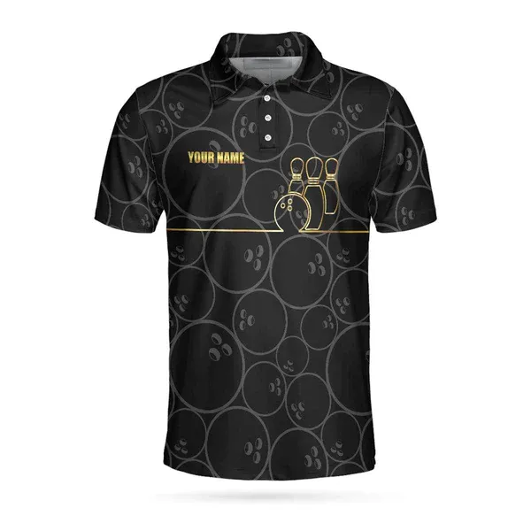 Bowling Pattern And Golden Polo Custom Polo Shirt, Black Personalized Bowling Shirt With Name, Bowling Gift Idea Coolspod