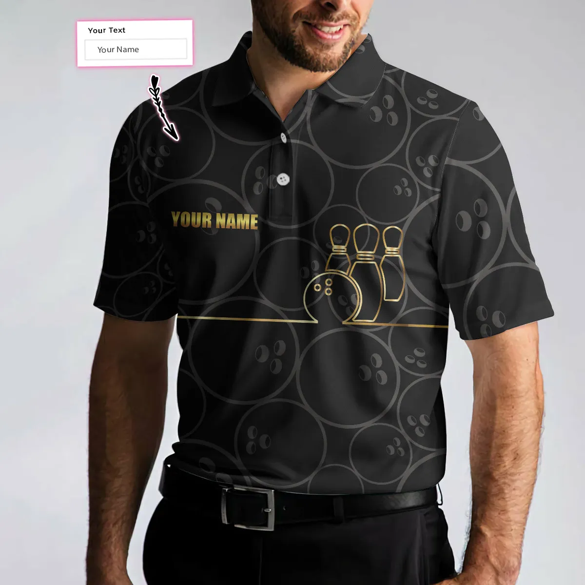 Bowling Pattern And Golden Polo Custom Polo Shirt, Black Personalized Bowling Shirt With Name, Bowling Gift Idea Coolspod