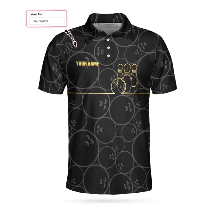 Bowling Pattern And Golden Polo Custom Polo Shirt, Black Personalized Bowling Shirt With Name, Bowling Gift Idea Coolspod