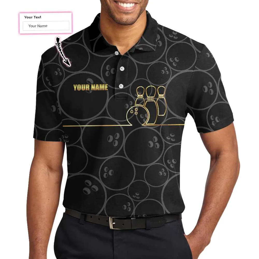 Bowling Pattern And Golden Polo Custom Polo Shirt, Black Personalized Bowling Shirt With Name, Bowling Gift Idea Coolspod