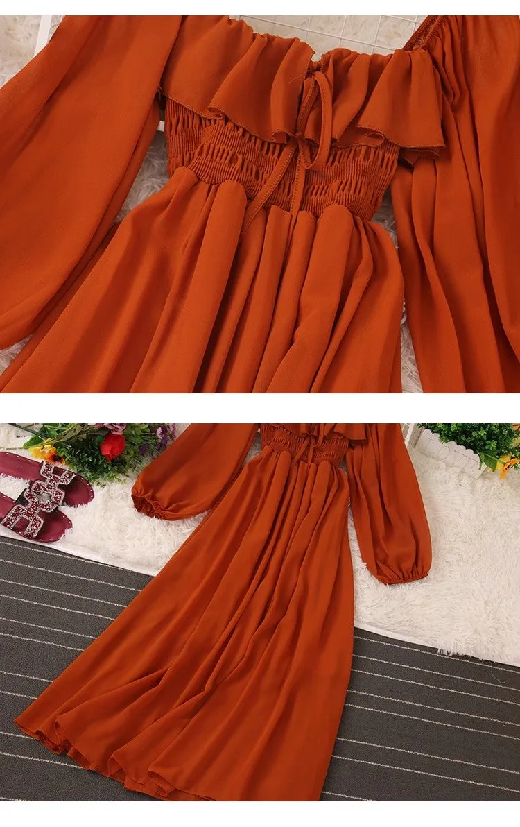 Chic Square Neck Puff Sleeve Chiffon Skirt      S5037