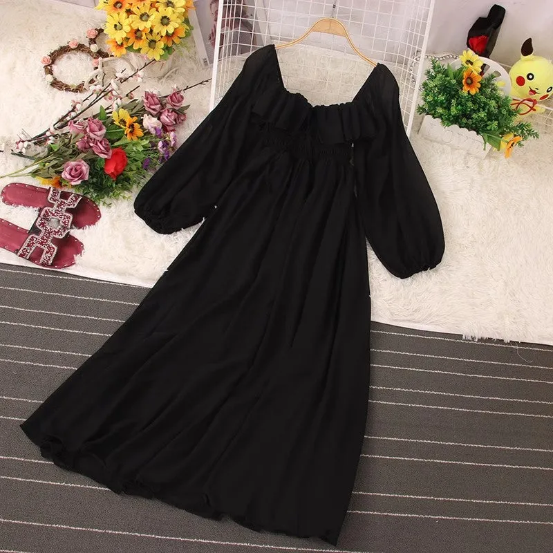 Chic Square Neck Puff Sleeve Chiffon Skirt      S5037