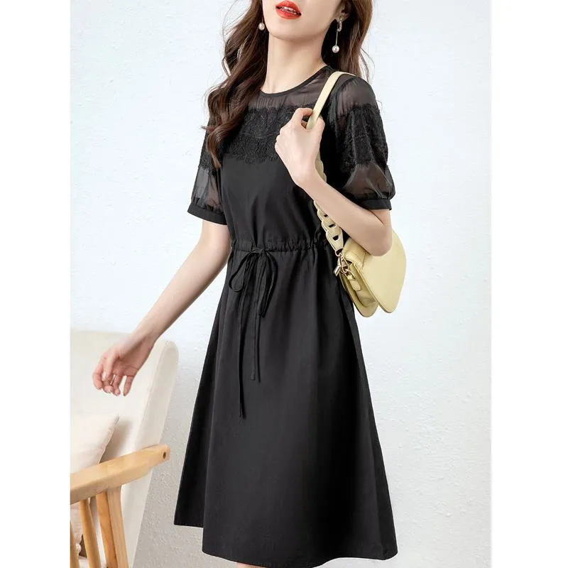 Cinched Waist Lace Slimming Hollowed-Out Chic French Style Dress