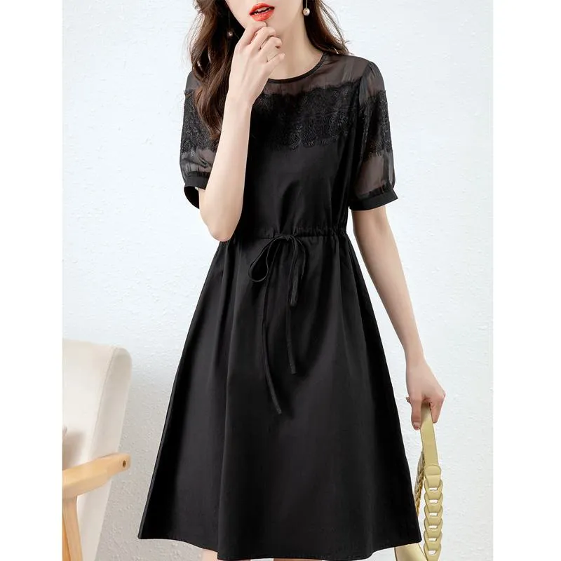 Cinched Waist Lace Slimming Hollowed-Out Chic French Style Dress