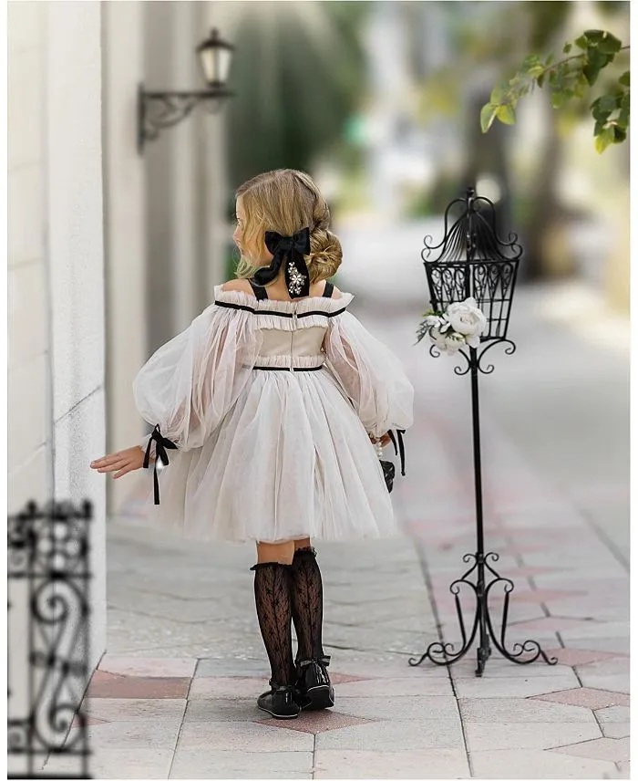 Coco Caramel Tulle Girls Dress with Sheer Tulle Puff Sleeves - Baby Little Kid, Big Kid Petite Maison Kids