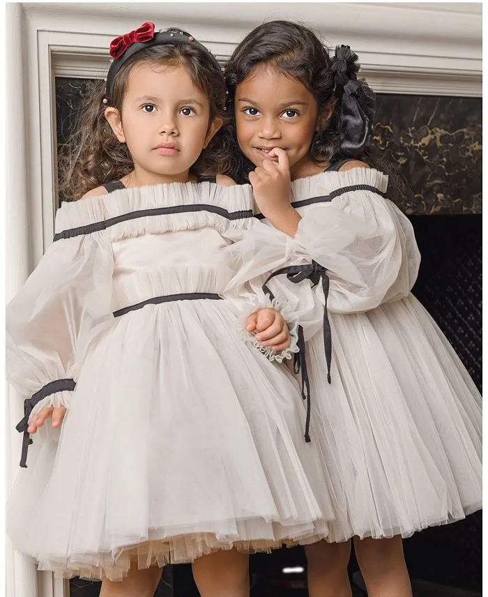 Coco Caramel Tulle Girls Dress with Sheer Tulle Puff Sleeves - Baby Little Kid, Big Kid Petite Maison Kids