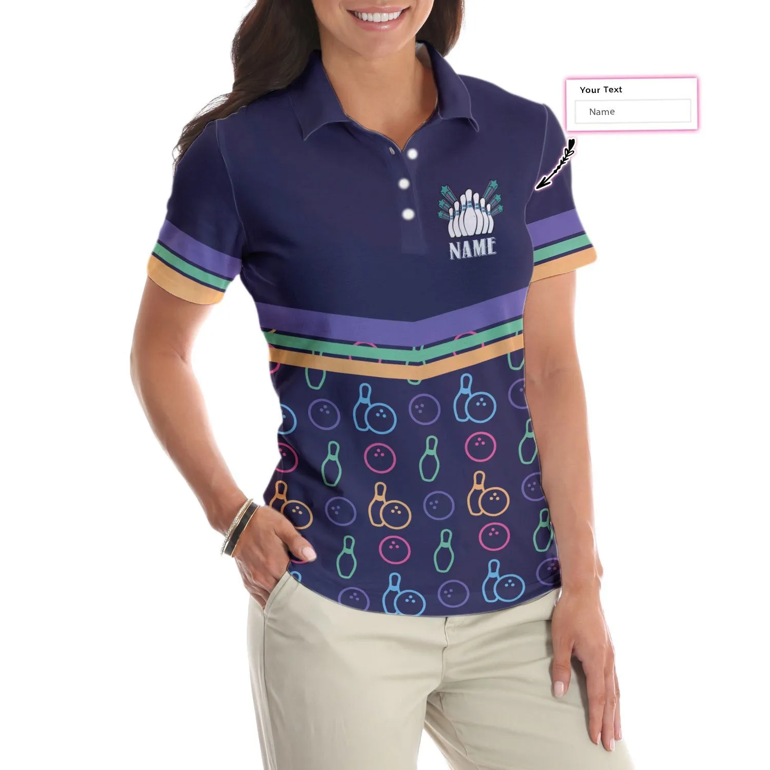 Colorful Bowling Pattern Custom Short Sleeve Woman Polo Shirt, Personalized Bowling Themed Shirt For Ladies, Cool Gift For Bowlers Coolspod