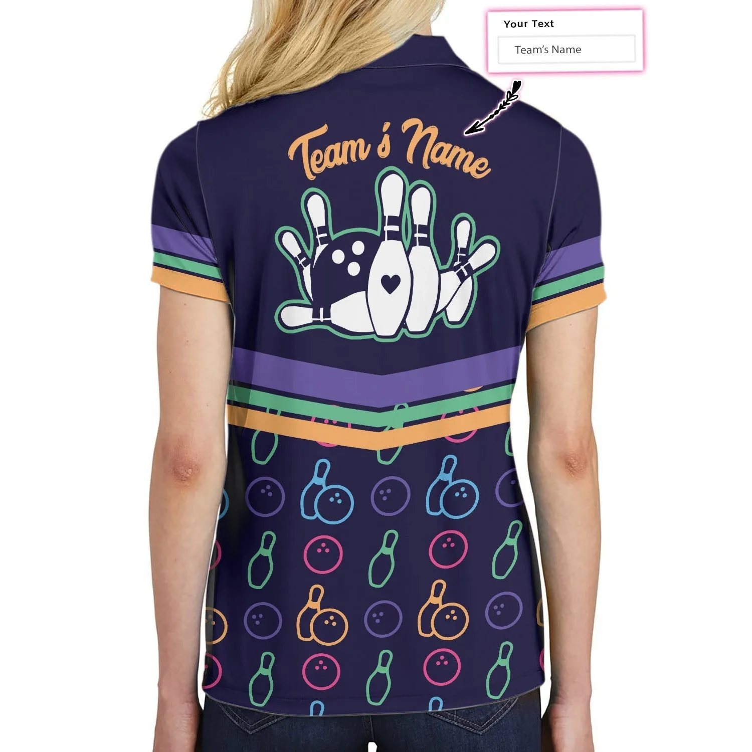 Colorful Bowling Pattern Custom Short Sleeve Woman Polo Shirt, Personalized Bowling Themed Shirt For Ladies, Cool Gift For Bowlers Coolspod