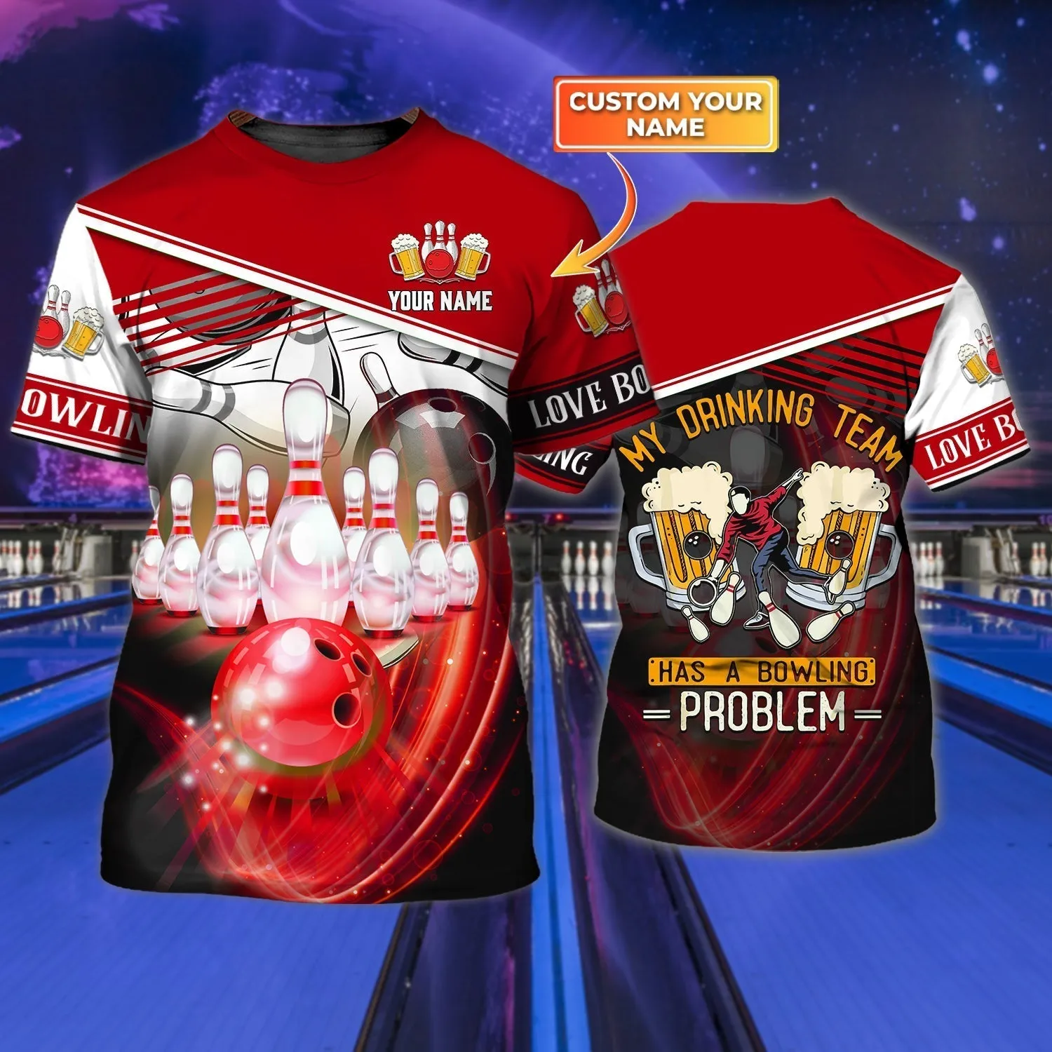 Customized 3D All Over Printed Red Bowling Tshirt, Bowling And Beer T Shirts, Love Bowling Shirts