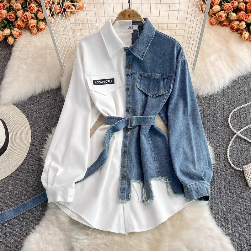 Denim new style irregular mid-length shirt     S3891