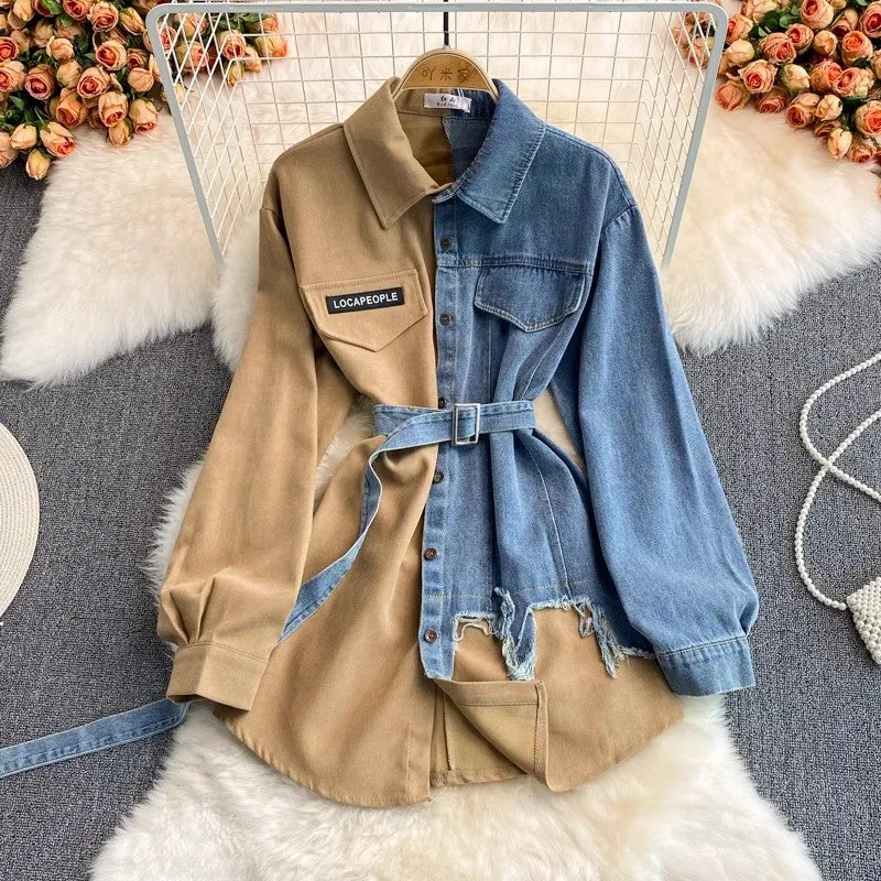 Denim new style irregular mid-length shirt     S3891