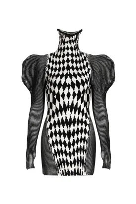 Drama Argyle Rib Knit Turtleneck Puff Sleeve Bodycon Party Mini Dress