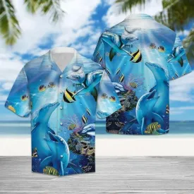 Fish And Dolphin Watercolor Hawaiian Shirt for men, women