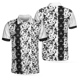 Floral Golf Pattern In White Polo Shirt, Black And White Polo Shirt, Floral Golf Shirt For Men Coolspod