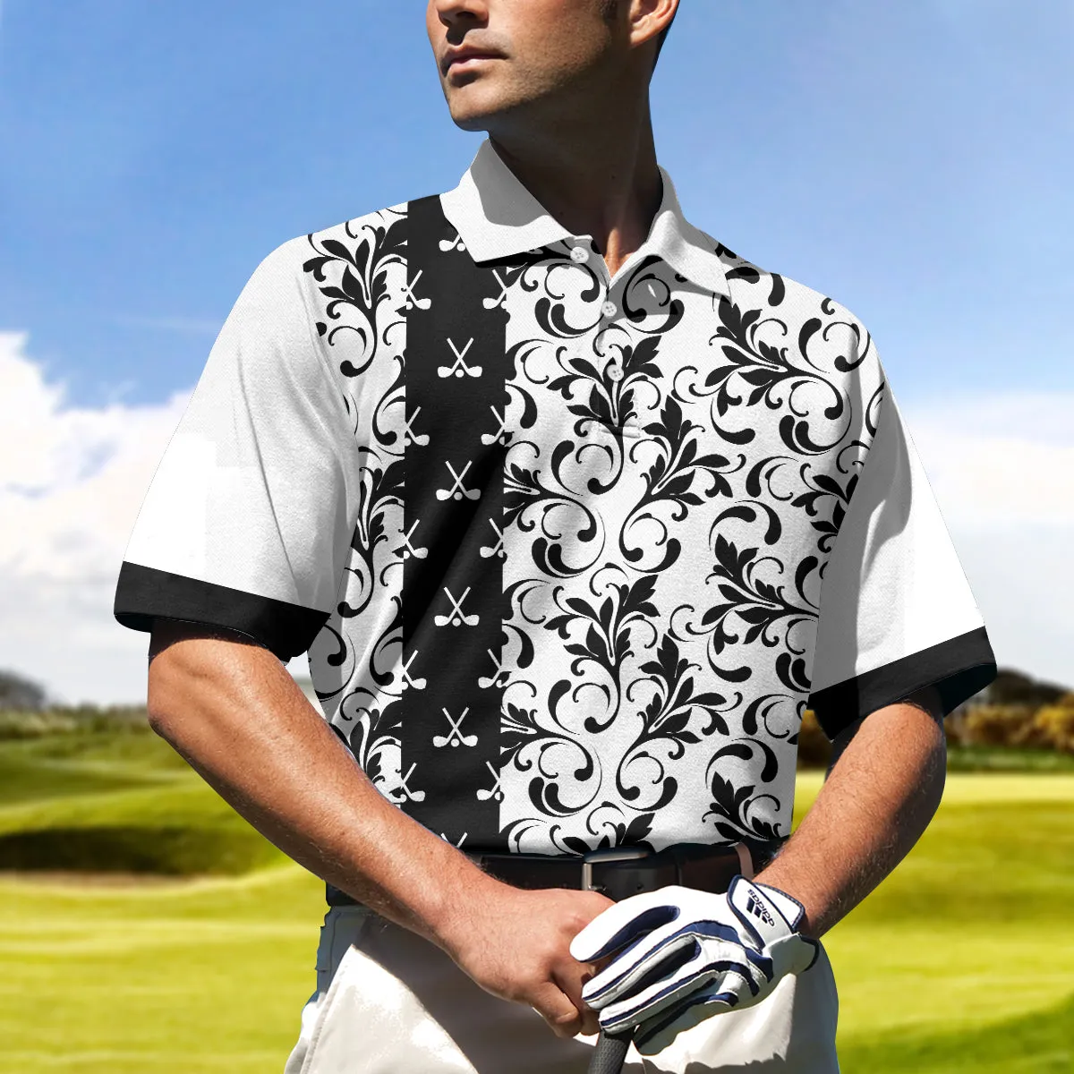 Floral Golf Pattern In White Polo Shirt, Black And White Polo Shirt, Floral Golf Shirt For Men Coolspod