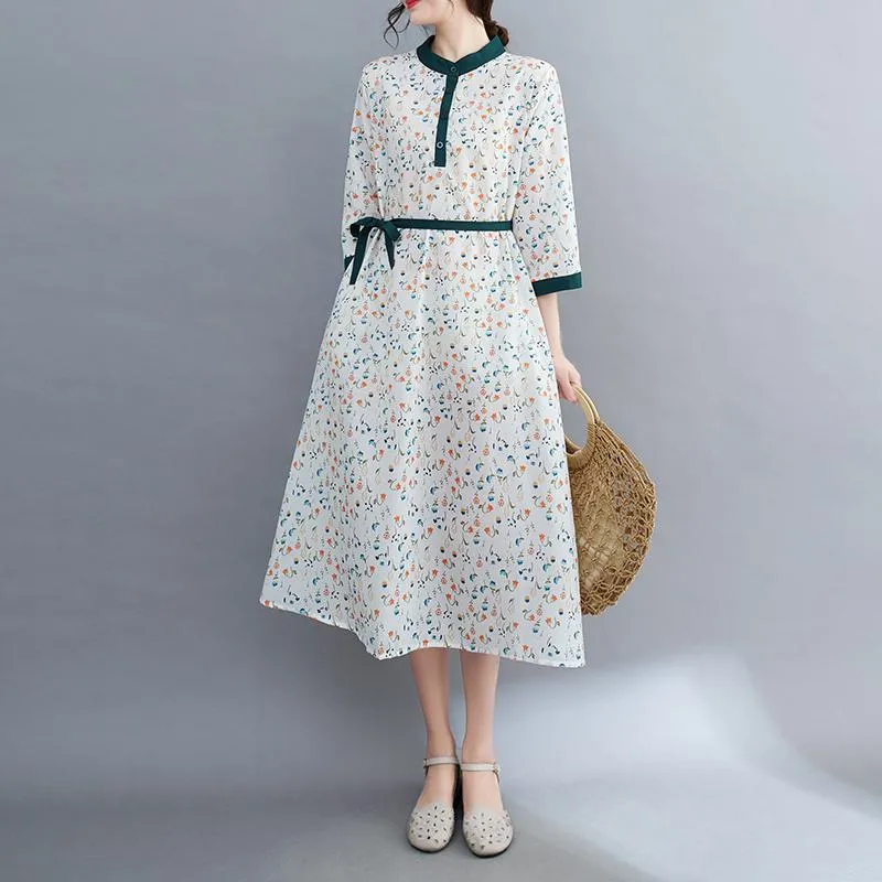 Floral Print Pastoral Tie-Up Print Artistic Dress