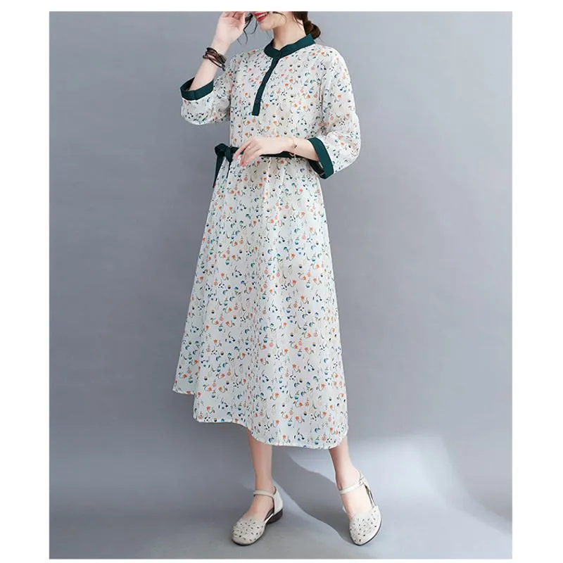 Floral Print Pastoral Tie-Up Print Artistic Dress