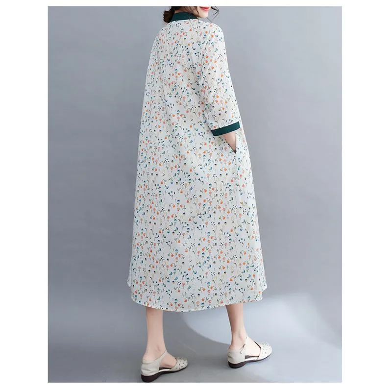 Floral Print Pastoral Tie-Up Print Artistic Dress