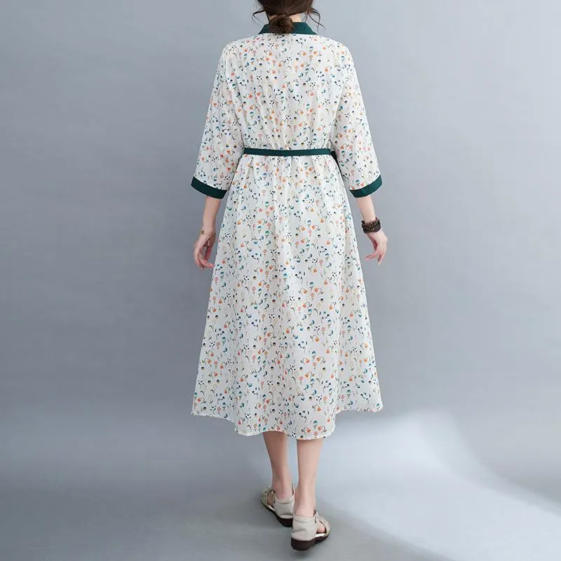 Floral Print Pastoral Tie-Up Print Artistic Dress