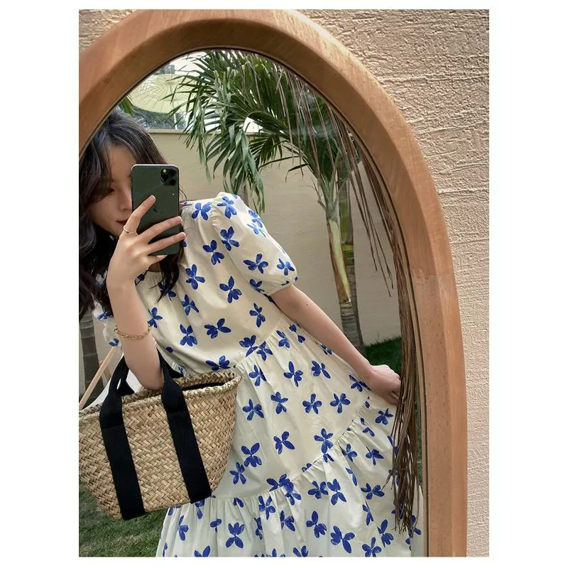 Floral Print Slimming Blue Bubble Sleeve Dress