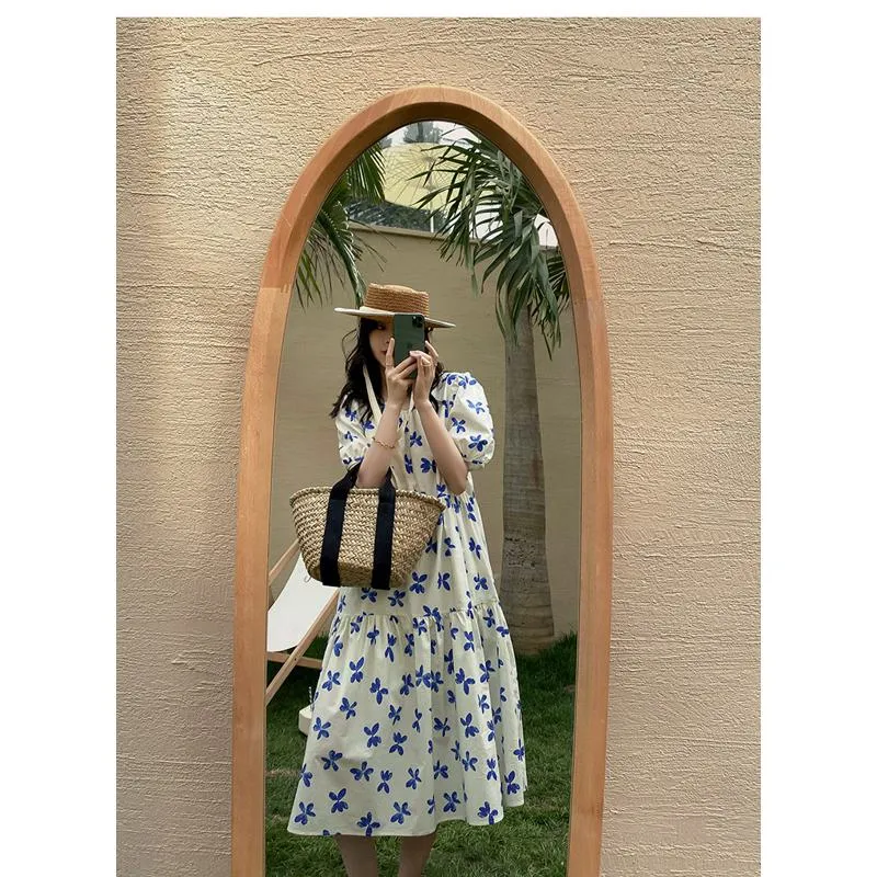 Floral Print Slimming Blue Bubble Sleeve Dress