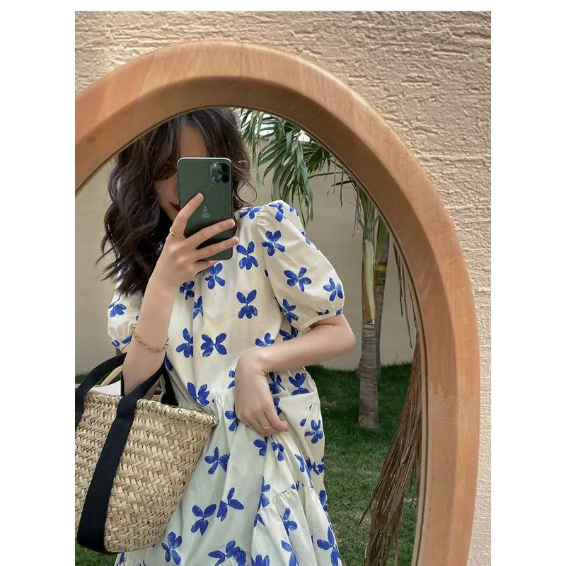 Floral Print Slimming Blue Bubble Sleeve Dress