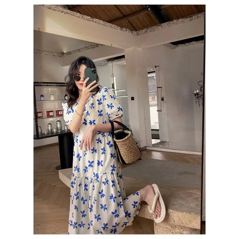 Floral Print Slimming Blue Bubble Sleeve Dress